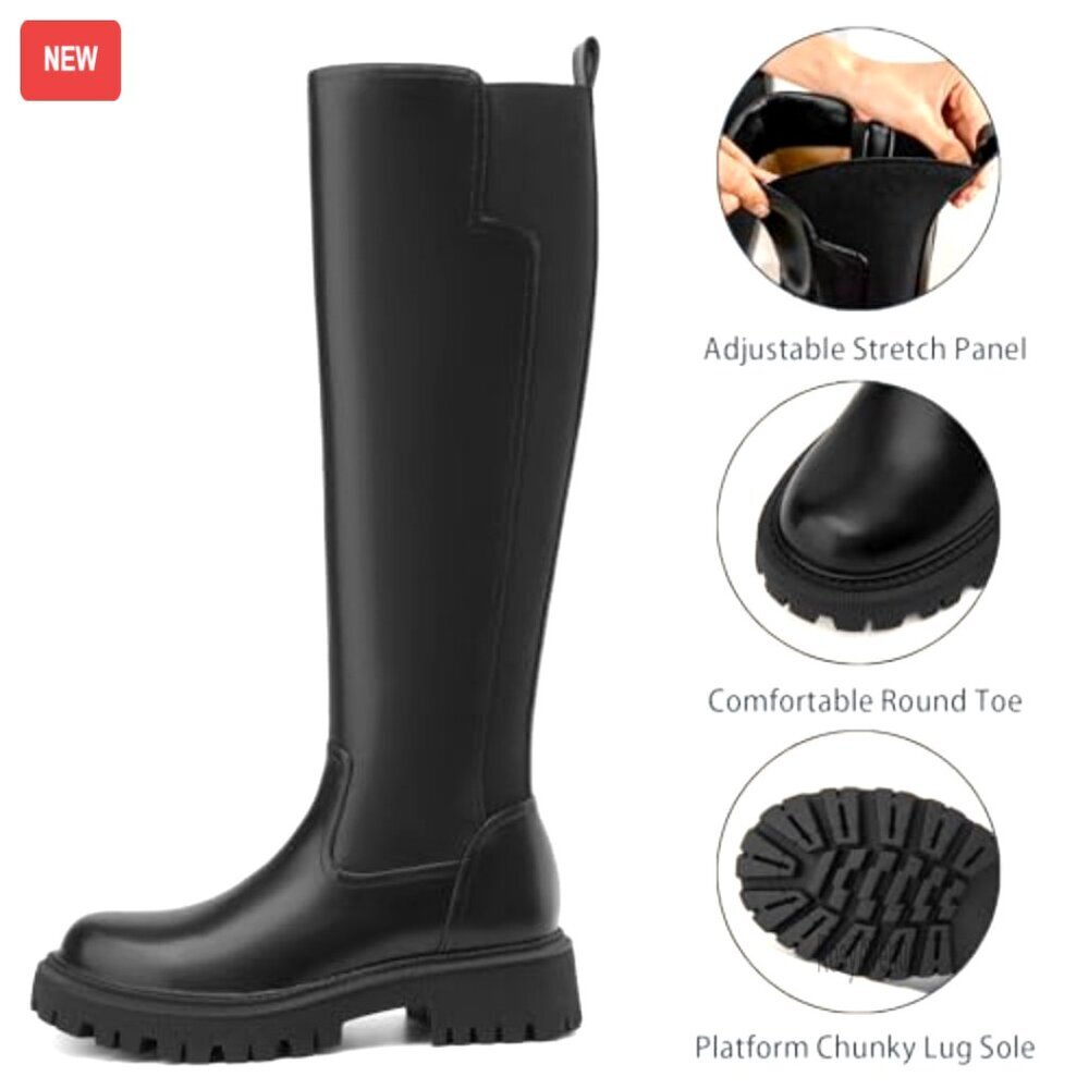 Women's Knee High Boots Platform Lug Sole Stretch Calf Riding Boots - Picture 4 of 7